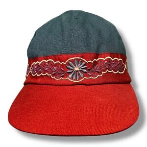 Vintage Women's 90s Embroidered Flower and Vine Elastic Cottagecore Hat